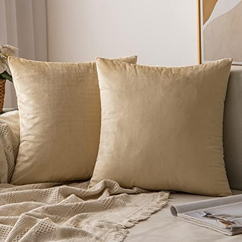 MIULEE Velvet Throw Pillow Covers 16x16 Inch Pack of 2 Beige by MIULEE
