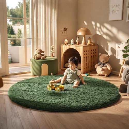 Ophanie Round Rug 6Ft Grey Green Circle Area Rug, Grayish Green Room Decor, Fluffy Fuzzy Bedroom Carpet, Plush Soft Shaggy Living Room Rugs for Decor Aesthetic, Nursery with Over 99 pcs Pile fibers by Ophanie