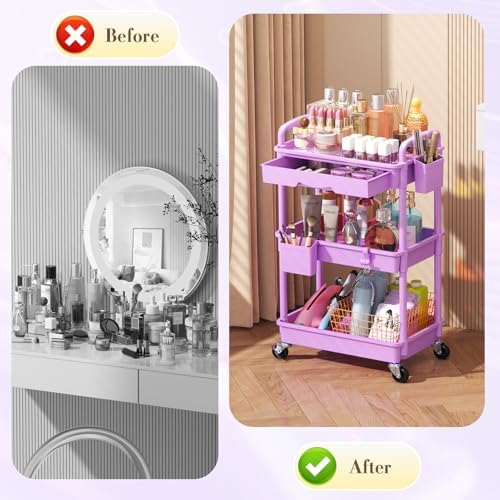 SUNALLY Makeup Cart Organizer with Drawer,3 Tier Rolling Makeup Cart,Purple - Image 5