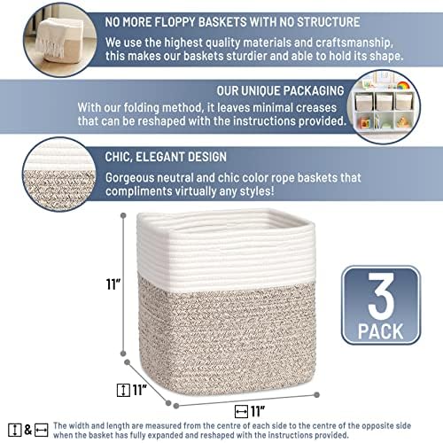 NaturalCozy Storage Cubes 11 Inch Cotton Rope Woven Baskets for Organizing, 3-Pack | Cube Bin Square Shelves Organizer, Classroom, Kids Toy Bins, Closet, Baby Nursery - Image 2