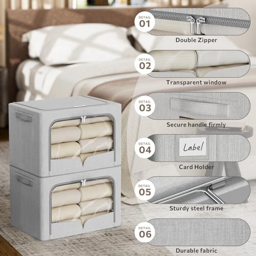 FHSQX 3 Pack Clothes Storage Bins Foldable Metal Frame Storage Box Extra Large Stackable Linen Fabric Organizer Set with Carrying Handles and Clear Window (Light Gray, 23.6x16.5x15.7inch(100L)) - Image 2