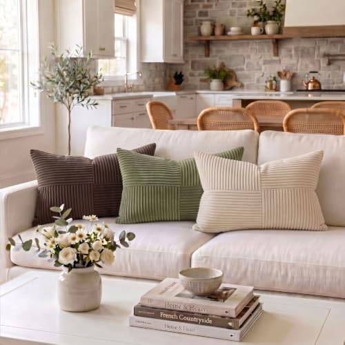Fancy Homi 2 Packs Olive Green Lumbar Decorative Throw Pillow Covers 16x26 Inch for Living Room Couch Bed, Farmhouse Boho Home Decor, Soft Striped Corduroy Rectangle Accent Cushion Case 65x40 cm - Image 2