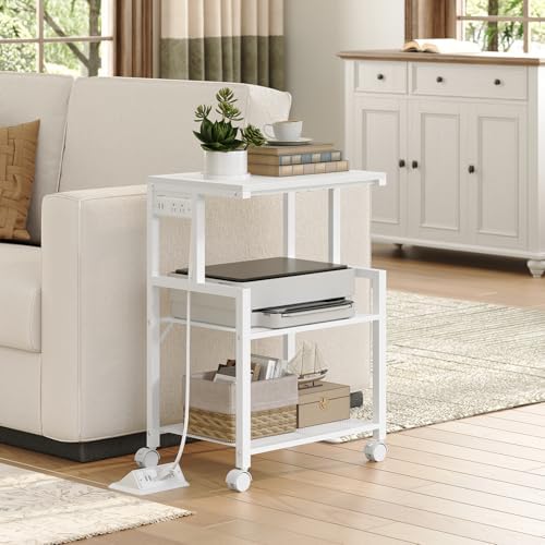 MAHANCRIS Mobile Printer Stand, 3-Tier Industrial Printer Cart with 2 AC Outlets and 2 USB Ports, Rolling Printer Table on Wheels for Home Offices Kitchen Organization Rack, White PTWT78E01 - Image 3