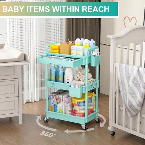 Goovilla 3 Tier Rolling Utility Cart Organizer with Removable Drawer, Blue - Image 6