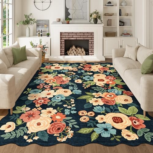 DUKINO 6x9 Area Rugs, Floral Washable Living Room Rug Non Slip, Navy Blue by DUKINO