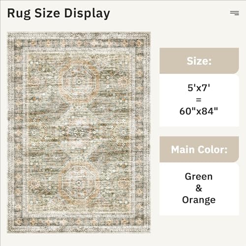 Soalmost 5x7 Area Rug Green/Orange Low Pile Washable Trendy Faded Style Rug - Image 5