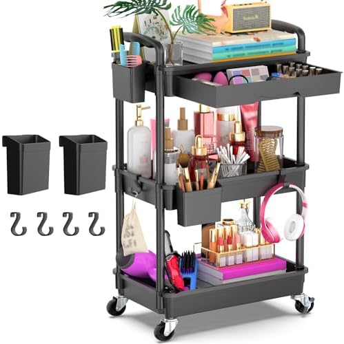 Goovilla 3 Tier Rolling Utility Cart Organizer with Removable Drawer, Black by Goovilla