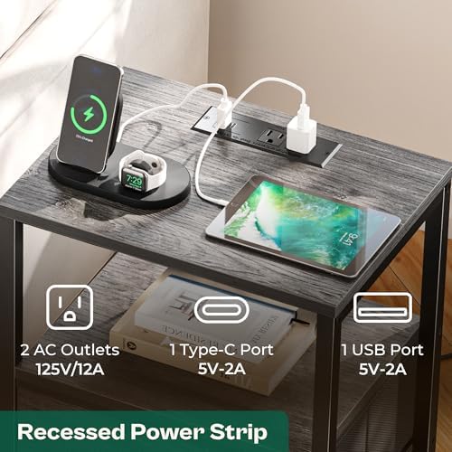 Huuger Nightstand with Charging Station, Side Table with Fabric Drawers - Image 4