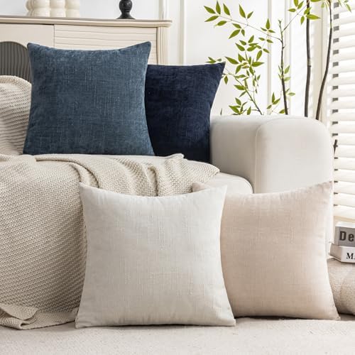Set of 4 Soft Textured Decorative Throw Pillow Covers 18x18 Inch Cozy Farmhouse Cushion Cover Square Accent Pillow Cases for Bed Couch Sofa Living Room, Beige White Blue - Image 2