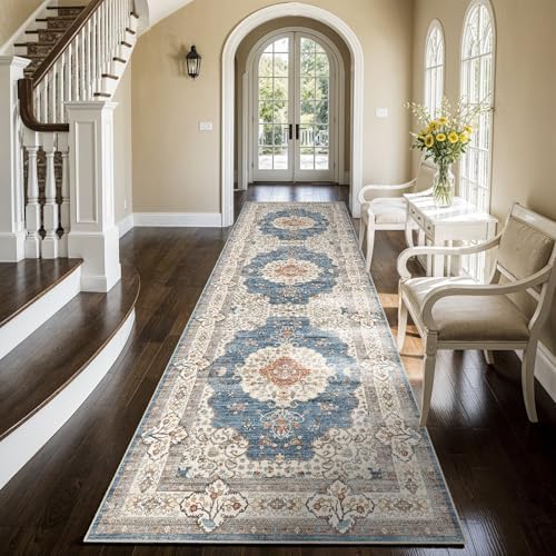 Ksrau 3x10 Runner Rug Washable Vintage: Non Slip Hallway Runners Blue/Beige by Ksrau