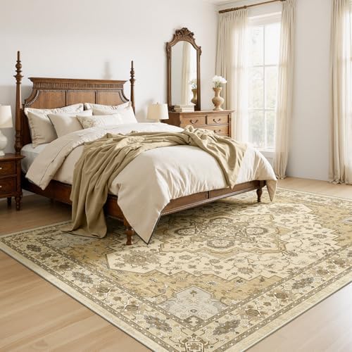 AMADA HOMEFURNISHING 9x12 Area Rug for Living Room,Vintage Washable Area Rug Low-Pile & Non-Slip Carpet for Bedroom Dining Room Nursery Home Office, Beige/Cream - Image 3