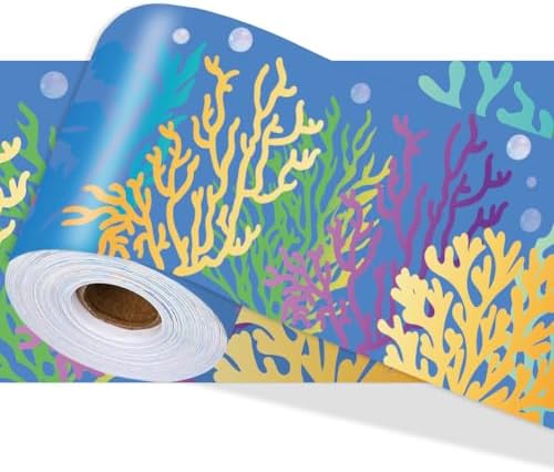 Coral Bulletin Board Borders 196.9 x 3.9 Inch, Under The Sea Borders Peel and Stick Ocean Theme PVC Decorative Die Cut Trim Sticker Roll for Summer Home Office Mirror Window Door Decoration by PRESSINART