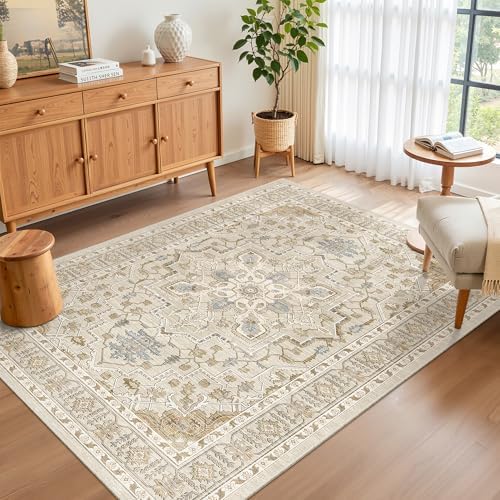 Madane Area Rug 3x5, Washable Vintage Entry Rugs for Bedroom, Beige/Blue - Image 4