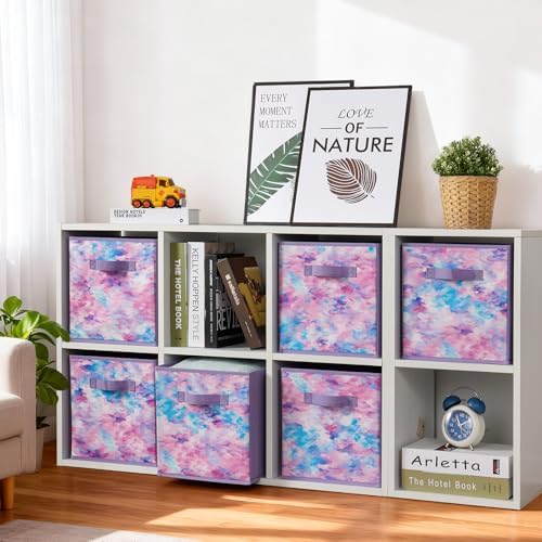Stero Fabric Storage Cubes, 6 Pack Foldable Storage Bins with Handle, 11 Inch Box for Shelves, Closet, Organizer, Tie-dye Purple - Image 6