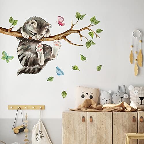 Yovkky Cat on Tree Branches Wall Decals Stickers, Kitty Animal Nursery | Decor, Green Leaves Baby Kids Bedroom Home Decorations Art by Yovkky