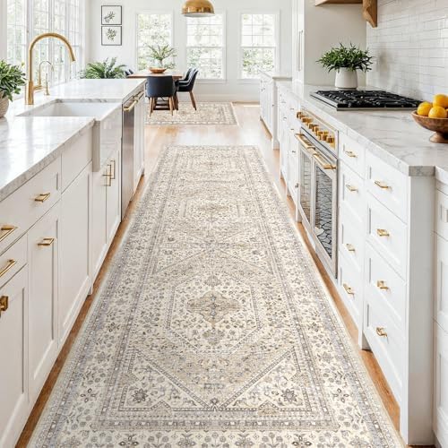 4x10 Washable Hallway Runner Rug - Non-Slip Vintage Kitchen Rugs Beige Gray - Image 2