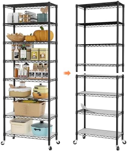 SINGAYE 8 Shelves Storage Wire Shelf Closet Metal Shelving Pantry Wheels - Image 4