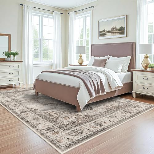 Washable Rugs 7x9 Area Rug：Large Rugs for Living Room - Oriential Distressed Printed Floral Carpet - Non Slip with Rubber Backing Area Rug 7'x9' Beige - Image 4