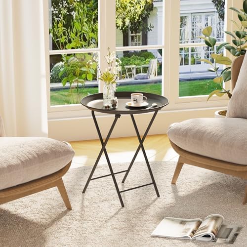 Garden 4 you Folding TV Tray Table, Metal Round Side Table, Black Dinner Table with Metal Frame, Modern Outdoor Tray Table for Living Room, Bedroom, Patio & Small Spaces, 1 Pack - Image 5