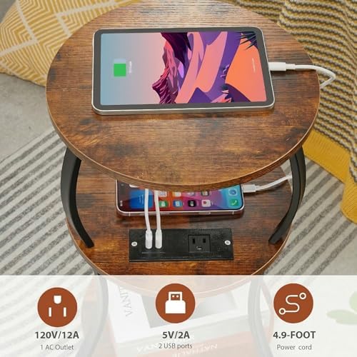 YEAKOO Small Side Table with Charging Station,3-Tier Round end Table - Image 7