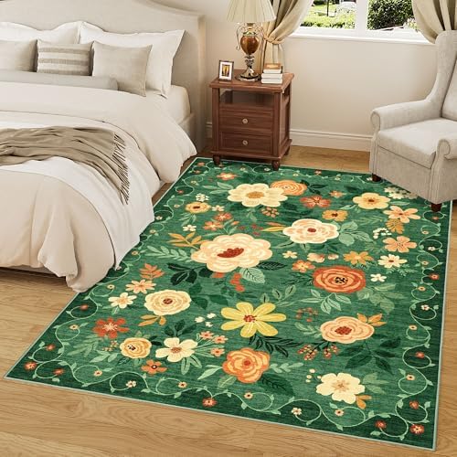DUKINO 6x9 Area Rugs, Floral Washable Rug for Bedroom Non Slip, Dark Green - Image 5