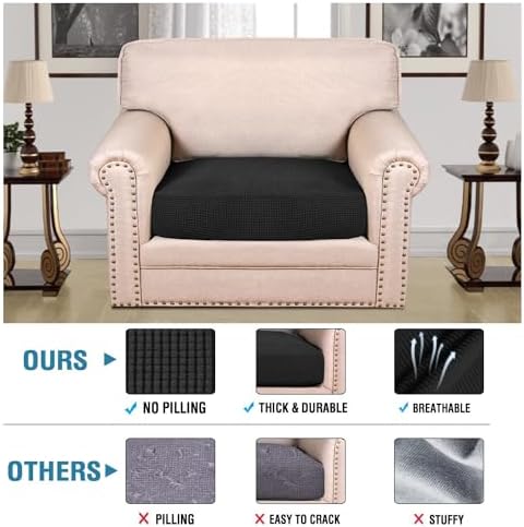 H.VERSAILTEX Super Stretch Individual Seat Cushion Covers Sofa Covers Couch Cushion Covers Slipcover Sets Thick Jacquard Textured Twill Fabric (1 Piece Chair Cushion Cover, Black) - Image 2