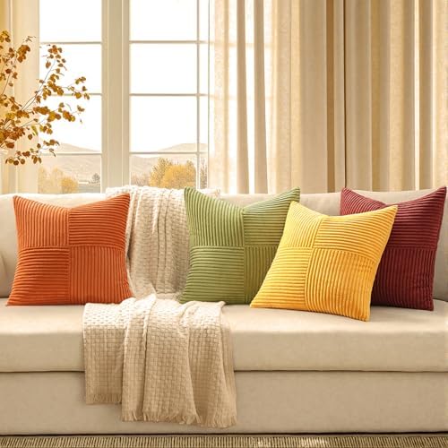 MIULEE Fall Yellow Orange Rust Throw Pillow Covers 20x20 Inch 4 Packs Boho Farmhouse Decorative Color-Clash Pillow Cases Soft Cushion Cases for Couch Sofa Bed Corduroy Striped Home Decor - Image 2