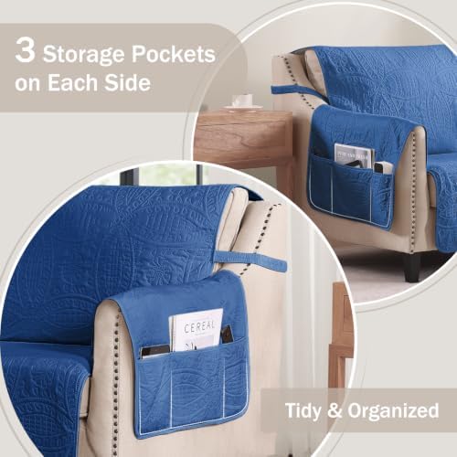 Soft Quilted Couch Cover with Pockets for Extra-Large Sofa, Anti-Slip Sofa Covers Washable for 3 Cushion Pet Friendly, Oversized Sofa Cover Water-Repellent (X-Large Sofa 78", Blue) - Image 4