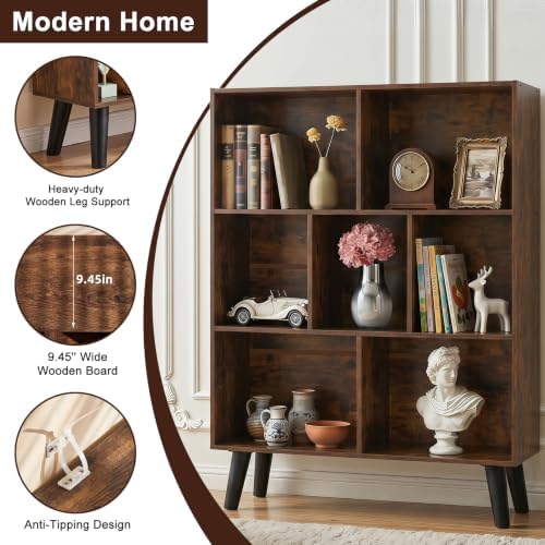 YAHARBO Brown Bookshelf,3 Tier Book Shelf with Legs, 7 Cube Minimalist Bookcase,Storage Organizer Shelves Display Bookcases for Bedroom,Living Room - Image 5