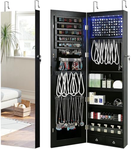 GISSAR Full Length Mirror Jewelry Cabinet, 6 LEDs Jewelry Armoire Wall Mounted Over The Door Hanging, Jewelry Organizer Storage with Lights Lockable, Black, 14.6" x 47.2" by GISSAR
