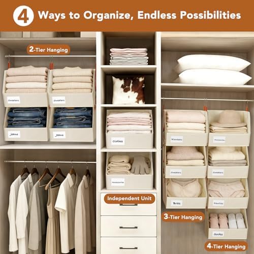 4 Pcs Modular Closet Organizer - Detachable & Foldable Hanging Storage Cubes, 88L Total Capacity, Heavy Duty Fabric Shelves for Wardrobe, Closet Organization, RV, Dorm, Beige - Image 7