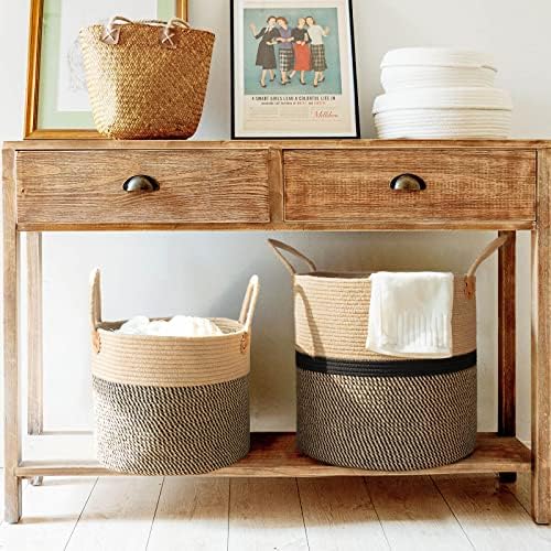 CHICVITA Large Wicker Storage Basket with Leather Handles, 16" x 16", Black - Image 2