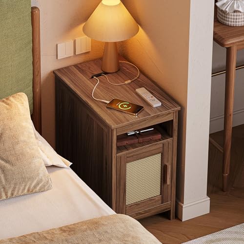 Huuger Narrow Night Stand, End Table with Charging Station, USB-C Port, Rattan Side Table with Cabinet and Open Shelf, Synthetic Rattan, for Small Spaces, Bedroom, Walnut - Image 5