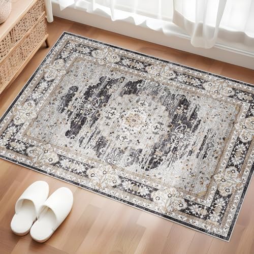 2x3 Washable Entryway Area Rug - Non-Slip Boho Throw Rugs Black Gray by Puino