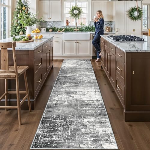Washable 12ft Kitchen Area Rug: Abstract Entryway Rug Runner Soft Bedroom Besides Floor Mat Non-Slip Indoor Carpet for Bathroom Living Room Stain Resistant Runner for Family(2'6x12,Black/Grey) by HYHAOYUNLAI