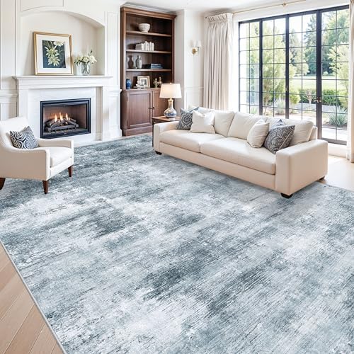 12x15 Area Rug for Living Room – Large Modern Neutral Abstract Thin Washable Carpet, Soft Low Pile Non-Slip Stain-Resistant for Bedroom Dining Room Home Office (Misty Blue Gray) by ZHXXUJ