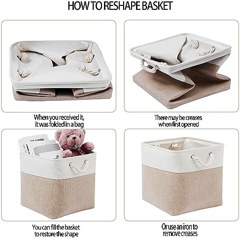 MidmmVick 13 x 13 Inch Cube Storage Bins, 4 Pack Large Collapsible Fabric Storage Bin with Ropes, Foldable Storage Cubes for Home, Office,Closet, Clothes, Toys Organizer (White & Beige) - Image 5