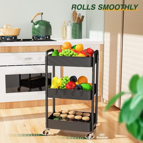 LEHOM 3 Tier Rolling Cart, Metal Rolling Utility Cart with Lockable Wheels - Image 4