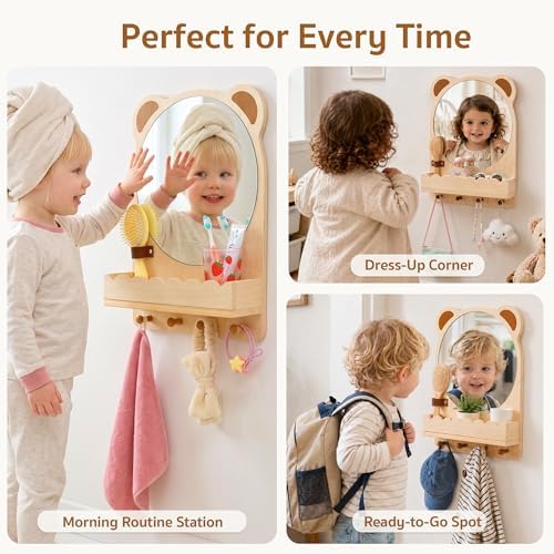Montessori Mirror with Hooks and Shelf, Toddler Self-Care Station with Sensory Mirror, Nursery Wooden/Acrylic Child Safe Wall Mirror for Kids Playroom, Bathroom, Bedroom, Living Room, Entryway - Image 3