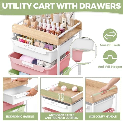 SYKIARIOL Rolling Utility Storage Cart,4 Labeled Ice Cream Colored Drawers - Image 4