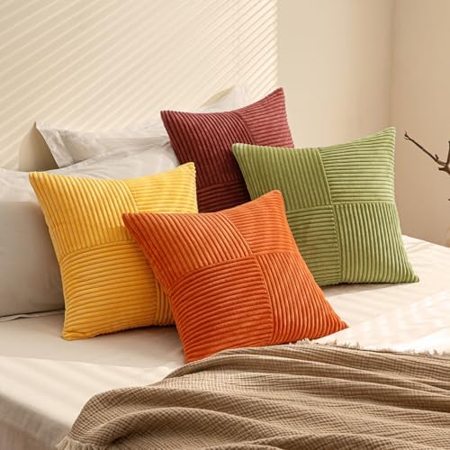MIULEE Fall Yellow Orange Rust Throw Pillow Covers 18x18 Inch 4 Packs Boho Farmhouse Decorative Color-Clash Pillow Cases Soft Cushion Cases for Couch Sofa Bed Corduroy Striped Home Decor - Image 6