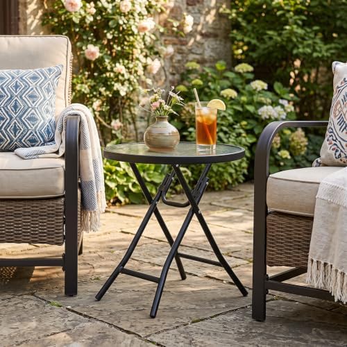 GIANTEX Outdoor Folding Side Table w/Tempered Glass Tabletop & Metal Frame - Image 2