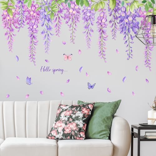 Hanging Green Vine Wall Decals,Succulent Plants Wisteria Floral Flowers Butterflies Birds Wall Stickers, Self-Adhesive Vinyl Removable Living Room Sofa TV Wall Decor - Image 5