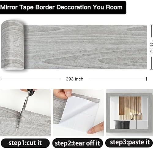 10M Mirror Border Peel and Stick, Wood Grain Wallpaper Border Mirror Tape - Image 5
