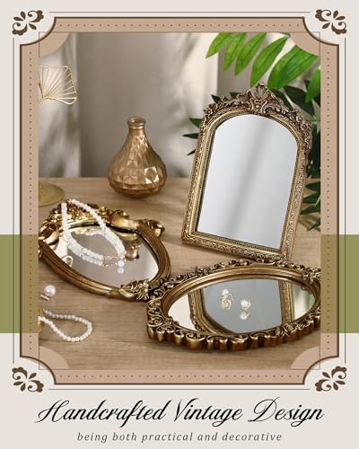 Wonderjune 3 Pcs Vintage Gold Mirror Set Wall Decorative, 8-15in Vintage Wall Mirror Hanging Antique Hanging with Stand for Living Room Home Wedding Decor(Classic Style, 13in/12in/10in) - Image 5