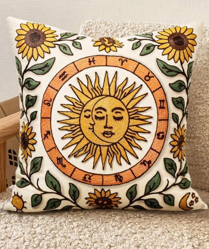 Embroidered Throw Pillow Cover 18x18 Inch, Sunflower Moon by Kokaaee