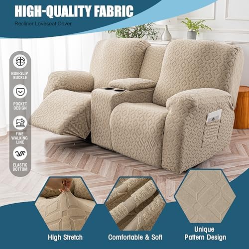 Genina Waterproof Recliner Loveseat Cover,2 Seat with Console,Khaki - Image 4
