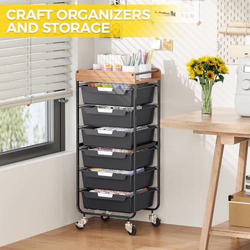 SYKIARIOL Utility Cart with 6 Labeling Drawers and Wooden Tabletop - Image 6