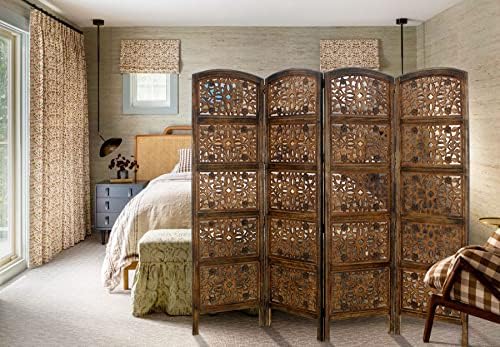 COTTON CRAFT Room Divider Wood Screen - Hand Carved Folding 4 Panels 72x80 - Image 4