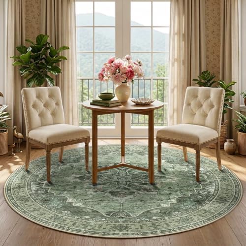 RELEANY Washable Area Rug, Round 5ft, Green/Dark Green/Gray - Image 3